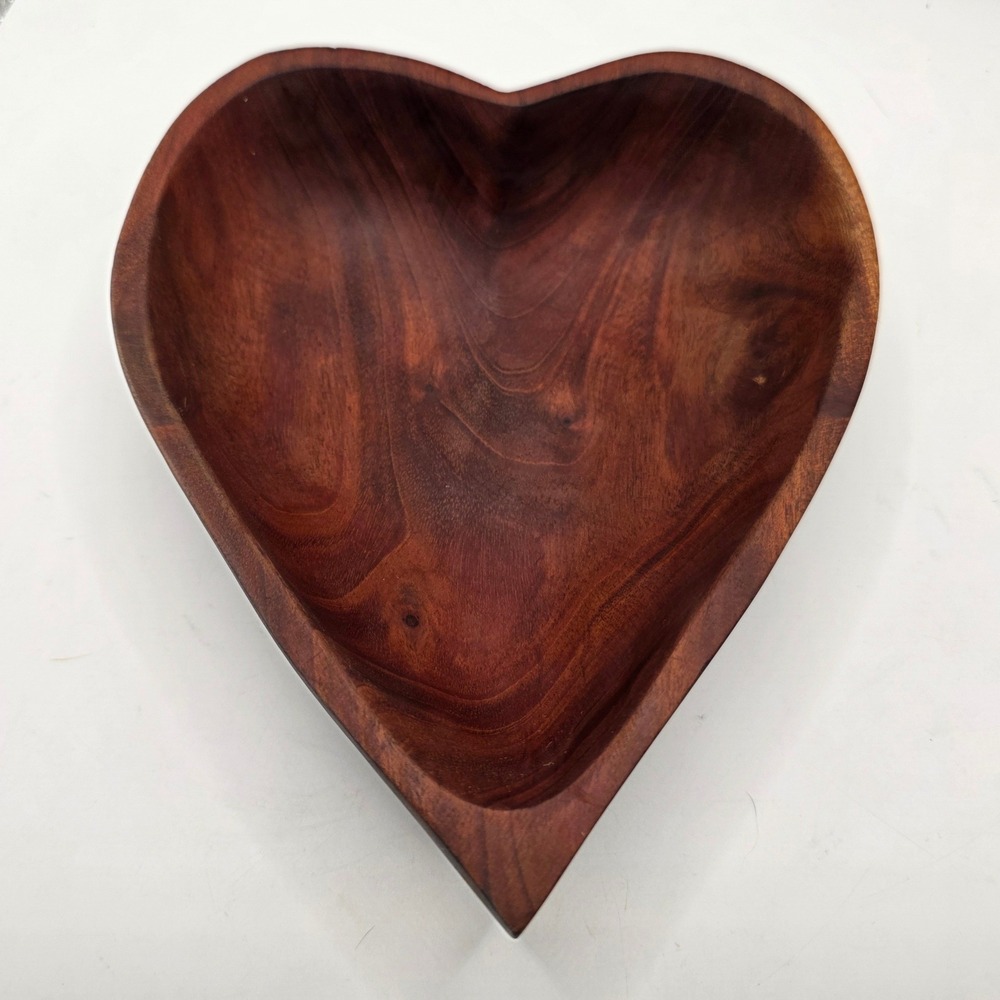 Handcrafted Heart Shaped Wooden Bowl Dark Grain Decorative Catchall Dish 8x7